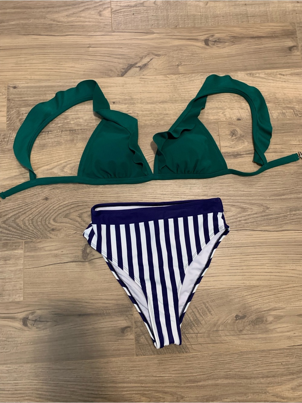 CupShe Women's Green Ruffle Triangle Bikini Top with Navy & White Striped Bottom